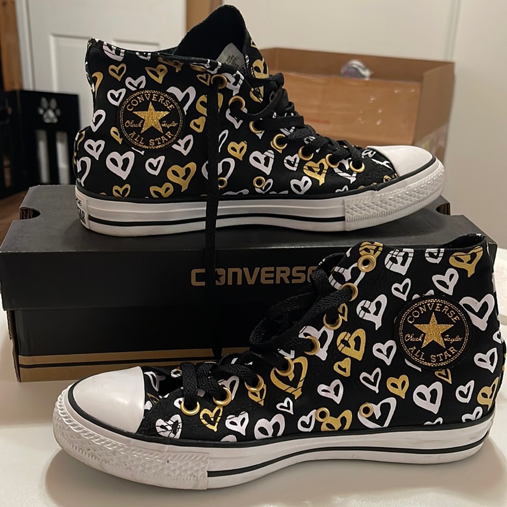 Converse women’s size 9 black/white/gold high tops